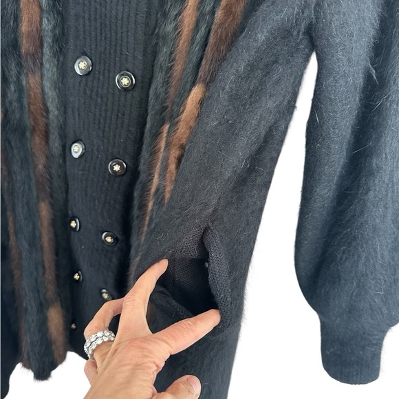 Vintage Cache Black Angora Sweater Cardigan L Fur Collar Shoulder Pads - Picture 3 of 6